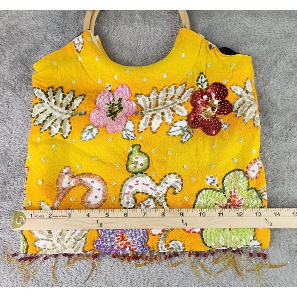 Bali Collection Purse Womens Yellow Hippie Boho Floral Sequined Wooden Handle - Picture 5 of 8